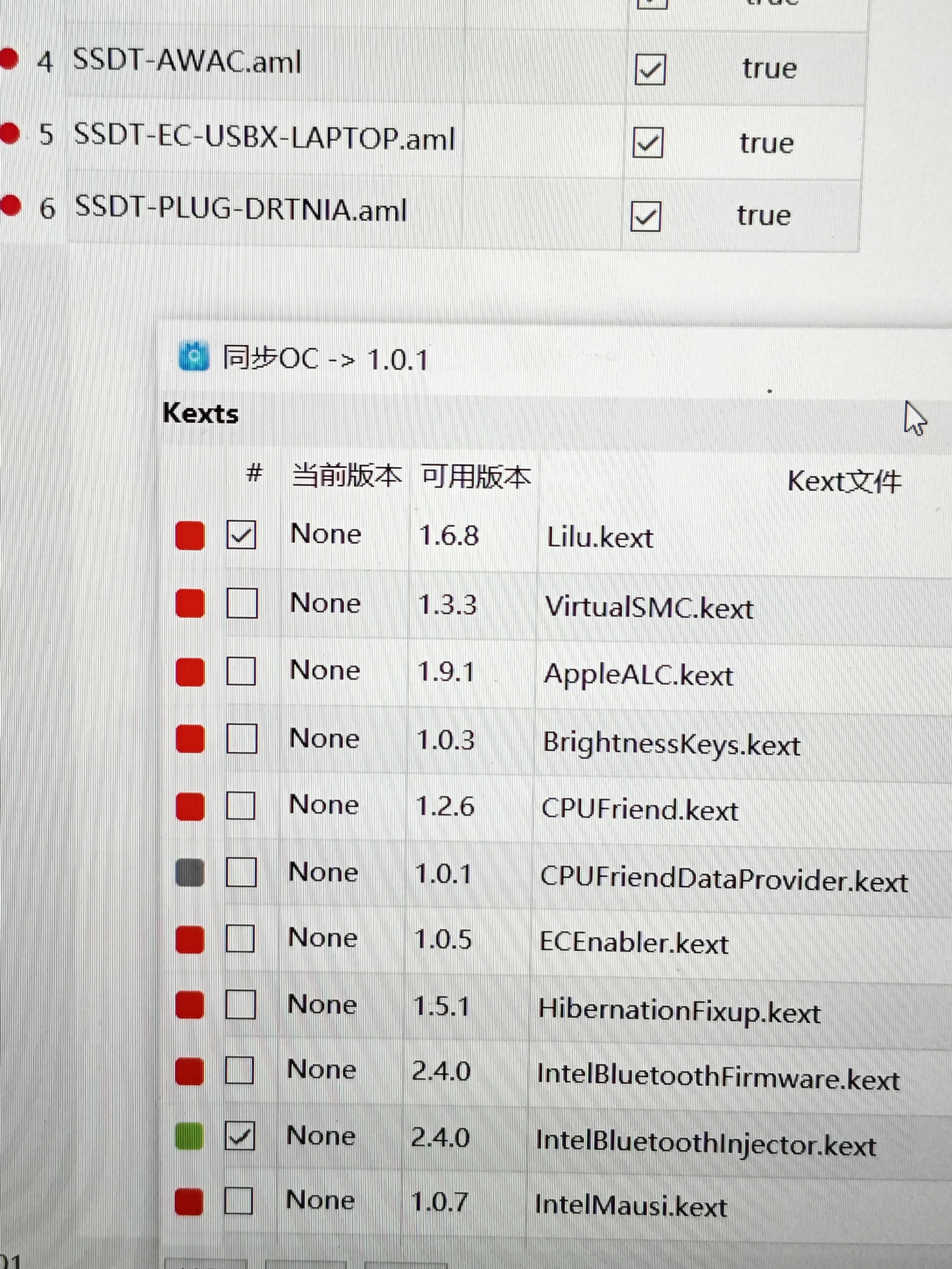 使用OCAT进行EFI更新kext是显示当前版本为none